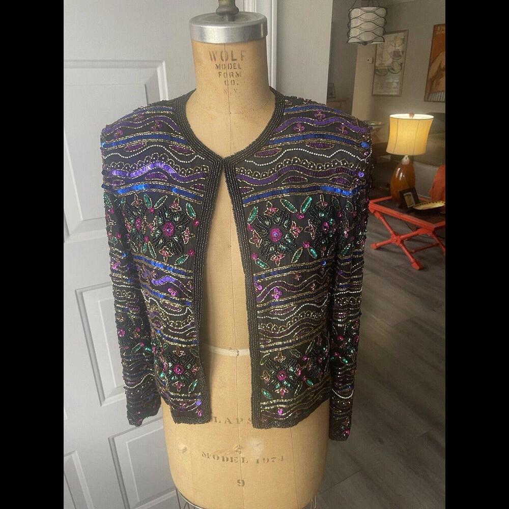 Papell Boutique Evening Women’s Large 100% Silk Black Beaded Vintage Jacket P10